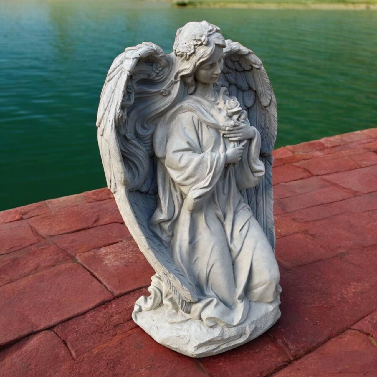 Angel Garden Statue Girl Holding Roses Figure Kneeling Angel Figurine ...