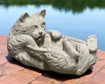Laying on back cat statue Stone figure Concrete cat sculpture Cat bowl Garden birds bath decoration Made in USA