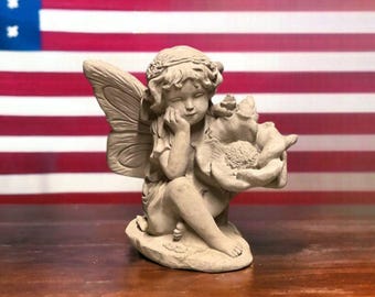 Pixie with flowers statue Concrete Pixie Fairy garden cement decoration Made in USA