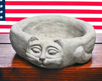 Cat dish statue Concrete water drinker sculpture Garden water bowl with cat face  figure Made in USA