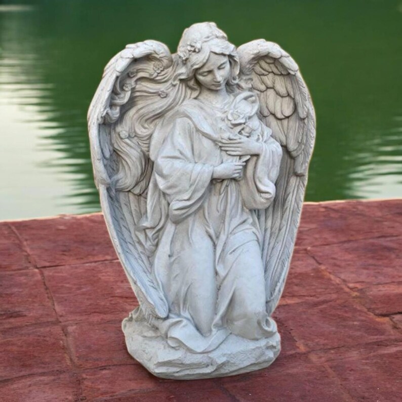 Angel Garden Statue Girl Holding Roses Figure Kneeling Angel Figurine ...