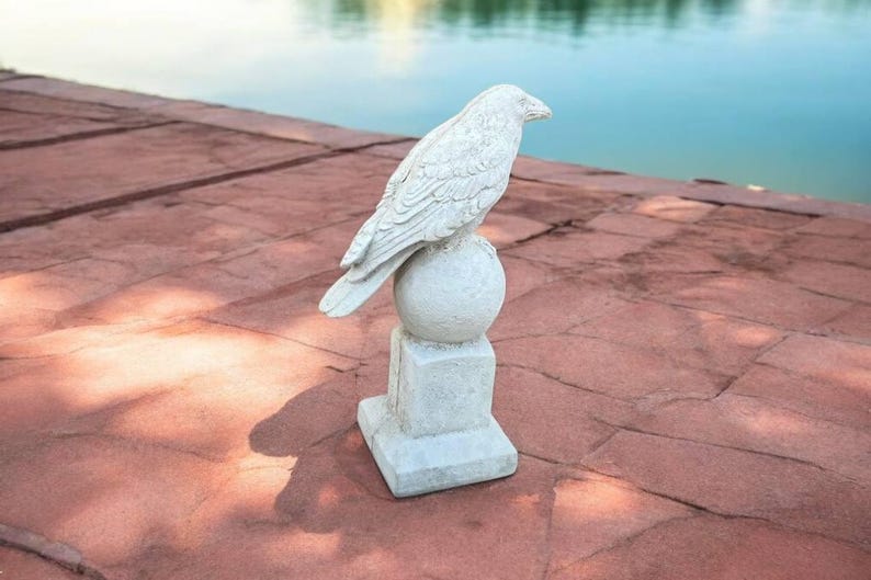 Sitting raven on finial post statue Concrete crow figure Detailed raven sculpture Outdoor garden art Made in USA