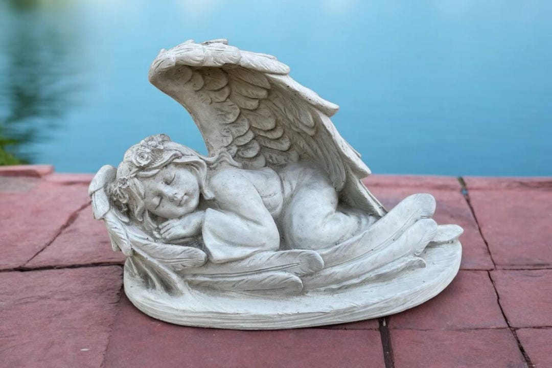 Concrete Angel With Wings Figure Sleeping Cherub Figurine Laying Angel ...