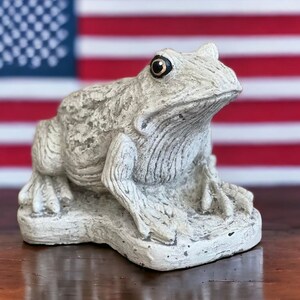 May include: A white ceramic frog figurine with a textured surface, sitting on a wooden surface with an American flag in the background.