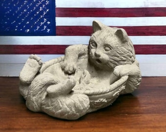 Concrete cat bowl statue Laying cat plate figure Garden cozy art Garden bird bath with kitten sculpture Made in USA