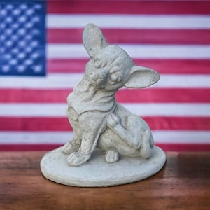 Sitting Chihuahua on base statue Concrete Chihuahua puppy figure Pet grave marker Made in USA