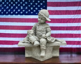 Baseball boy statue Concrete boy sitting on bench figure Large boy figurine Made in USA