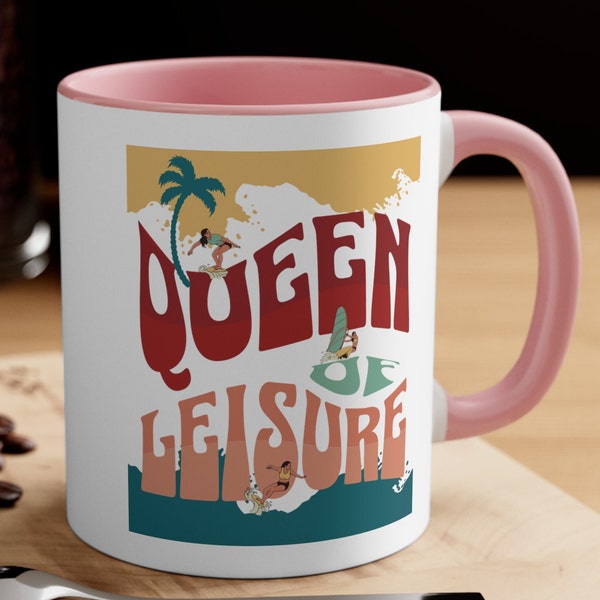 Retro Groovy "Queen Of Leisure" Coffee Mug, Summer Vibes Tea Cup for Retirement & Vacation, Gift for Retiree, Vintage Nostalgy Gift for her