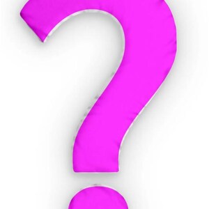 May include: A vivid pink question mark-shaped cushion with a white interior. The cushion is a striking magenta colour and is set against a white background. The design is simple and bold.