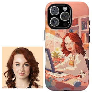 Cartoon girl working phone case custom face swap personalization on office illustration