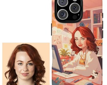 Cartoon girl working phone case custom face swap personalization on office illustration