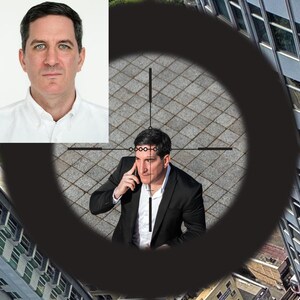 May include: Composite image showing a man in a white shirt and a man in a black suit, viewed through a sniper scope. The scope is focused on the man in the suit, who is on the phone. The background includes a city skyline.