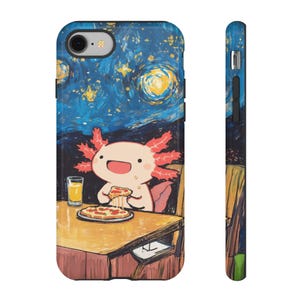 Divertida funda de teléfono con diseño de pizza de ajolote para iPhone y Samsung con ilustraciones de estilo noche estrellada.