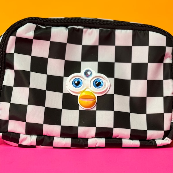 Furby Checkered Crossbody Bag in Black and White - Unique Fanny Pack - 90s Nostalgia