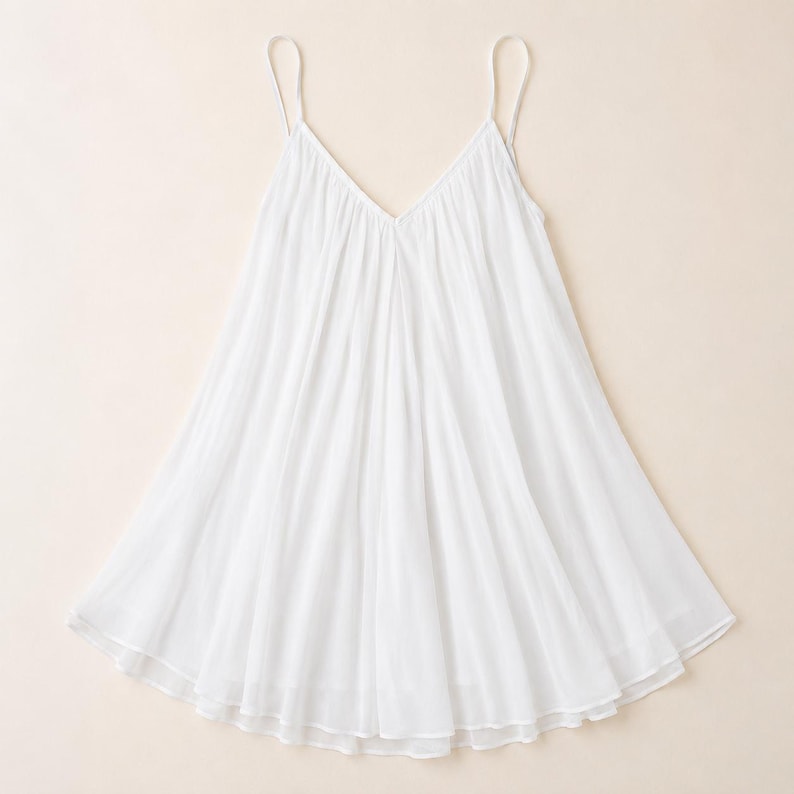 Puede incluir: Un vestido blanco sin mangas con escote en V y tirantes finos. La prenda est&aacute; confeccionada con una tela plisada y fluida que crea una silueta acampanada en forma de A, extendi&eacute;ndose desde el corpi&ntilde;o hasta una base ancha con dobladillo.