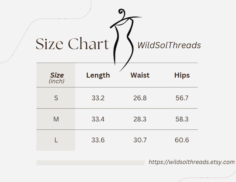 Puede incluir: Una tabla de tallas para WildSolThreads con un icono de vestido. La tabla enumera las tallas S, M y L con las medidas correspondientes en pulgadas para largo, cintura y caderas. La URL https://wildsolthreads.etsy.com aparece abajo a la derecha.