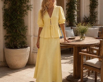 Conjunto de dos piezas para mujer: falda larga, blusa peplum con lazo frontal, vestido ideal para vacaciones de verano.