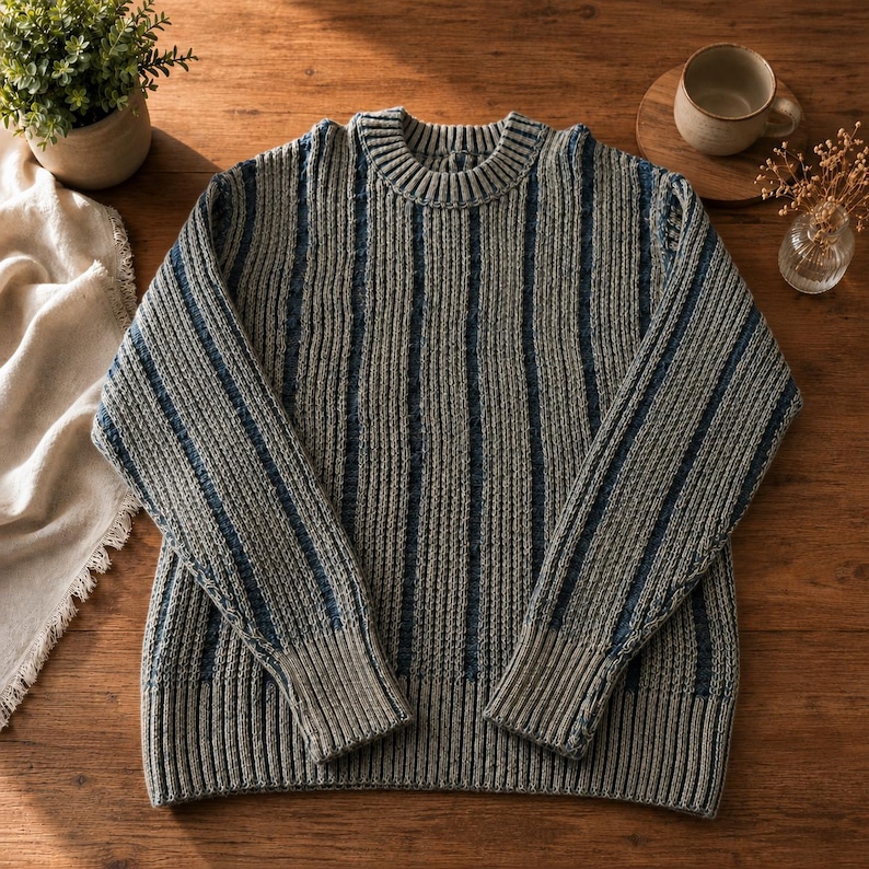 Randig stickad tröja i ullblandning, överdimensionerad grov pullover bild 5