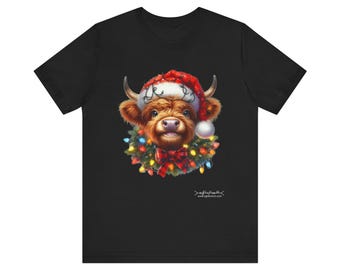 Cute Christmas Highland Cow T-Shirt with Lights