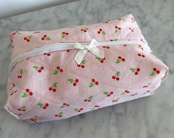 Handmade quilted cherry print makeup bag, gift for her, makeup pouch