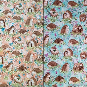 Hedgehog Village Fabric by the Half Yard by Paintbrush Studio Quilting Cotton Fabric, Woodland, Hedgehogs Turquoise, Orange, BTHY, BTY