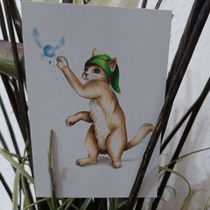 Postkarte "Playtime" Zelda, DIN A6, Kunstdruck, Geschenk, Sammler, Geschenkidee Nostalgie &Retro-Gaming und Katzenliebhaber, Katze,