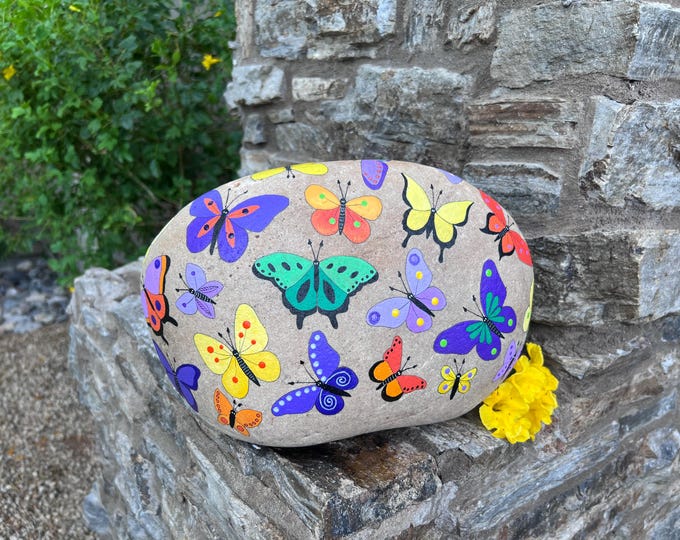 XL Painted Butterfly Garden Rock. Perfect as Welcome Stone, Yard Art ...