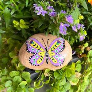 Painted butterfly rock, garden stone. Use in flower gardens, planters, or as a friendship gift. Perfect paperweight or for outdoor display.