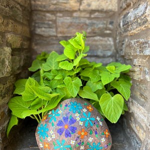 Hand-Painted River Rock: Flowers & Ladybugs Garden Stone, Welcome Stone, Outdoor Garden Art