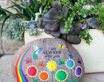 Custom Memorial Stone, Made-to-order hand-painted garden rock, hummingbird rainbow sympathy gift