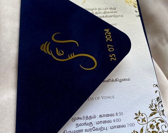 Carte de mariage tamoule/ carte de mariage chic/ mariage/mariage/ carte d’invitation de mariage 14*20 cm/ carte bleu marine velours/ luxueux et élégance.