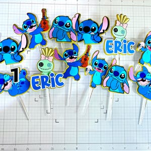 Stitch Cupcake Toppers – Set of 12 Cupcake Toppers – Personalized Name – Blue Alien Decorations