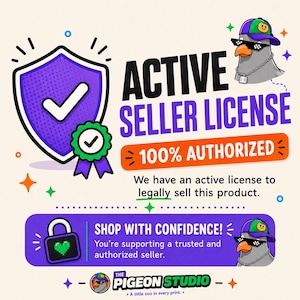 May include: A graphic featuring a purple shield with a checkmark, a pigeon wearing a cap and pixelated sunglasses, and the text ACTIVE SELLER LICENSE, 100% AUTHORIZED, SHOP WITH CONFIDENCE, and THE PIGEON STUDIO. A padlock with a green heart is also shown.