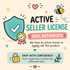 Pu&ograve; includere: Grafica colorata con il testo "ACTIVE SELLER LICENSE" e "100% AUTHORIZED". Include uno scudo, un sigillo d'oro, un lucchetto, un'ape, cuori e stelle. Il testo conferma che il venditore &egrave; affidabile.