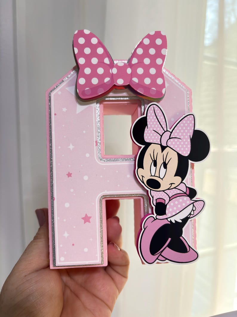 Minnie Mouse 3D-bokstäver, personligt namn, dekoration för flickas födelsedagsfest, rosa mittpunktsdekoration, tårtbord, första födelsedag, anpassad namnskylt bild 12