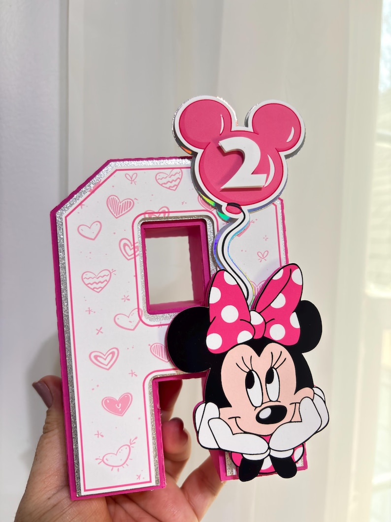 Minnie Mouse 3D-bokstäver, personligt namn, dekoration för flickas födelsedagsfest, rosa mittpunktsdekoration, tårtbord, första födelsedag, anpassad namnskylt bild 9