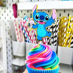 Stitch Cupcake Toppers – Set of 12 Cupcake Toppers – Personalized Name – Blue Alien Decorations