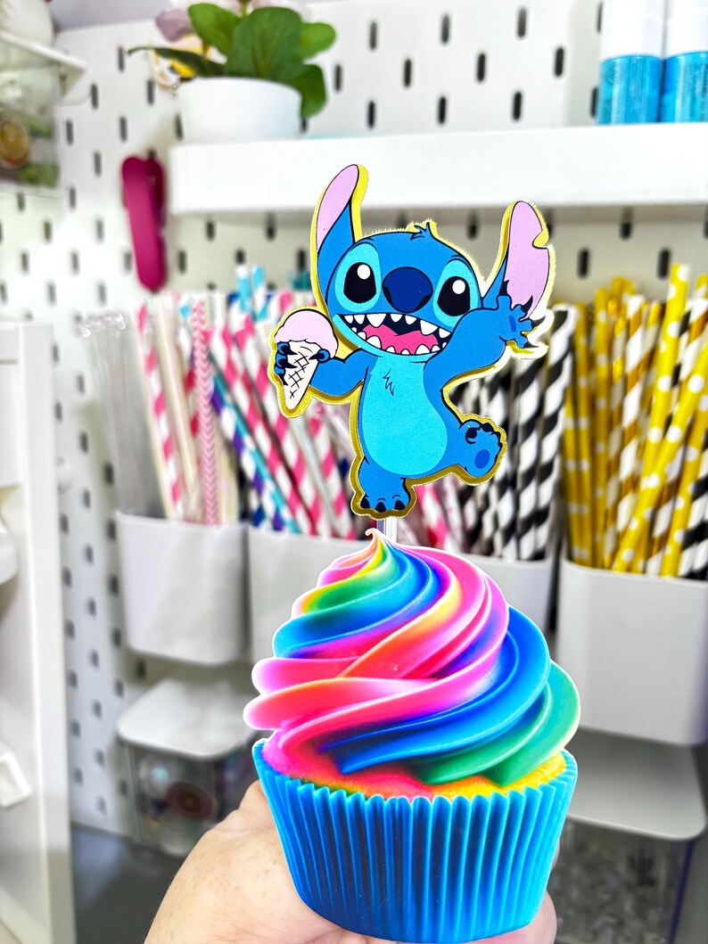 Stitch Cupcake Toppers – Set of 12 Cupcake Toppers – Personalized Name – Blue Alien Decorations