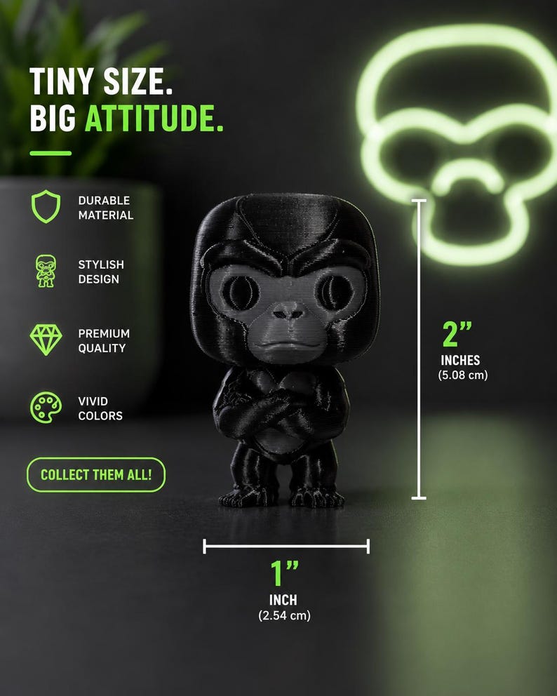 K&ouml;nnte beinhalten: Eine schwarze 3D-gedruckte Gorillafigur mit verschr&auml;nkten Armen, 5,08 cm hoch und 2,54 cm breit. Der Text auf dem Bild lautet: TINY SIZE. BIG ATTITUDE. DURABLE MATERIAL, STYLISH DESIGN, PREMIUM QUALITY, VIVID COLORS, COLLECT THEM ALL!