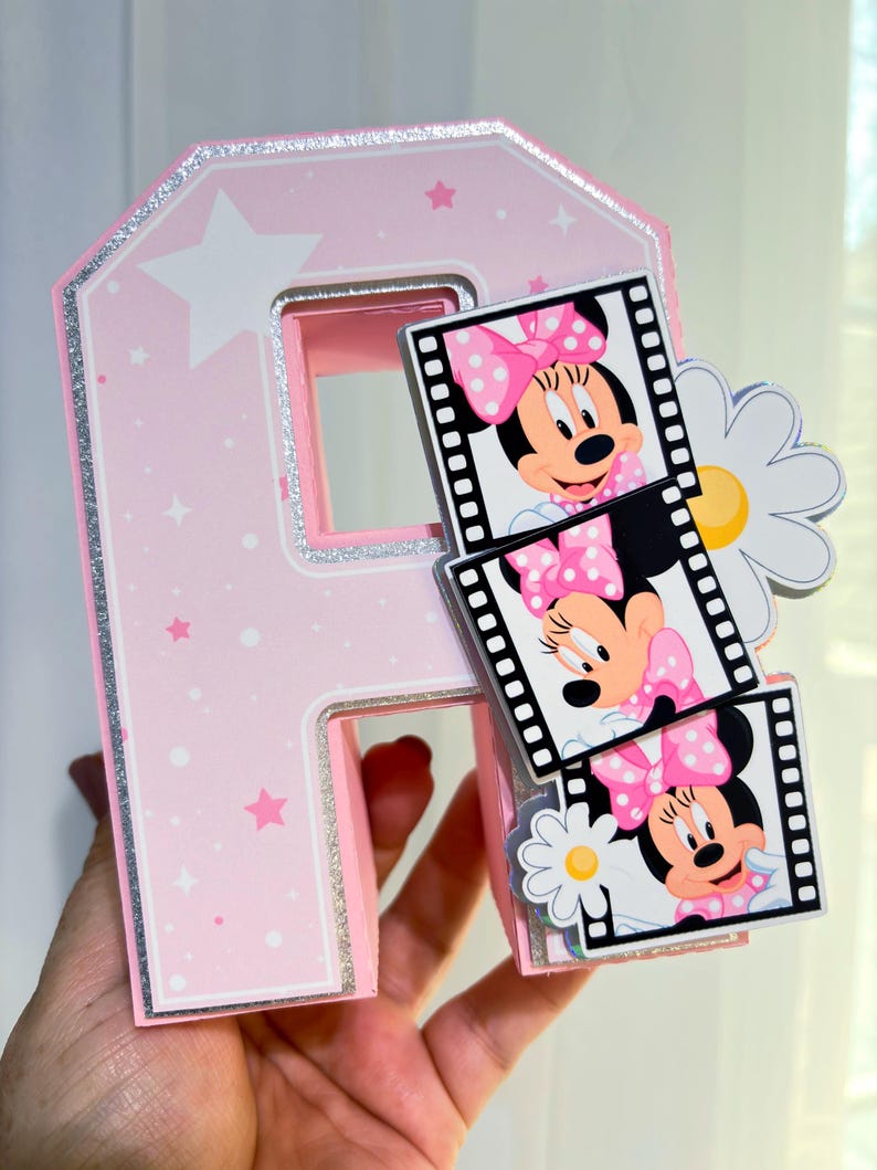 Minnie Mouse 3D-bokstäver, personligt namn, dekoration för flickas födelsedagsfest, rosa mittpunktsdekoration, tårtbord, första födelsedag, anpassad namnskylt bild 8