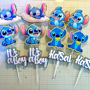 Stitch baby-cupcaketoppers: gepersonaliseerde blauwe buitenaardse decoraties - set van 12