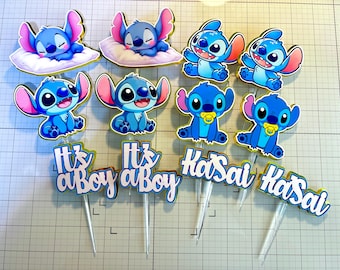 Stitch Baby Cupcake Toppers – Set of 12 Cupcake Toppers – Personalized Name – Blue Alien Baby Decorations