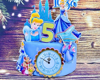Personalized Cinderella Cake Topper – Princess Castle and Clock Theme for Birthday Party Decorations