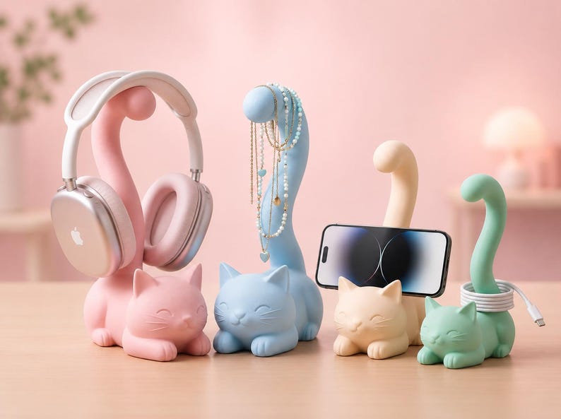 May include: A set of four cat-shaped organizers in pastel pink, blue, beige, and mint green. The pink cat holds headphones, the blue cat displays necklaces, the beige cat supports a smartphone, and the mint green cat holds a coiled charging cable.