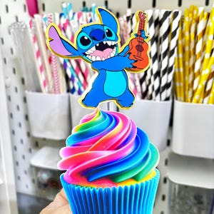 Stitch Cupcake Toppers – Set of 12 Cupcake Toppers – Personalized Name – Blue Alien Decorations