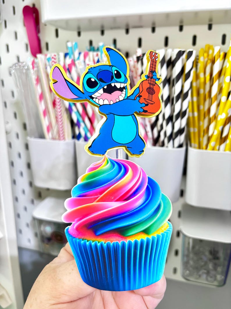 Stitch Cupcake Toppers – Set of 12 Cupcake Toppers – Personalized Name – Blue Alien Decorations