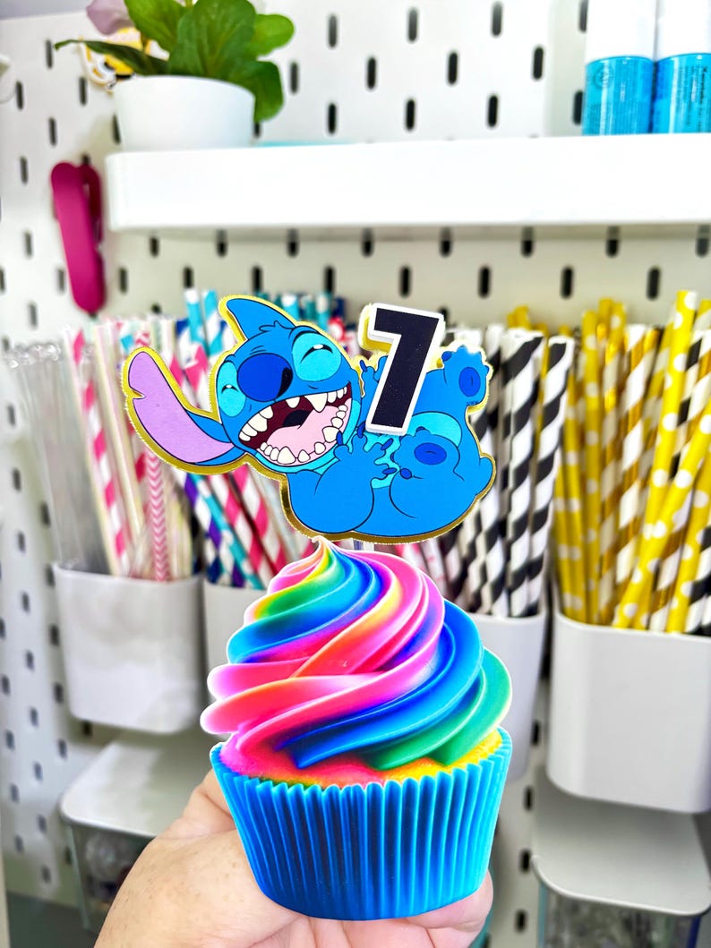 Stitch Cupcake Toppers – Set of 12 Cupcake Toppers – Personalized Name – Blue Alien Decorations