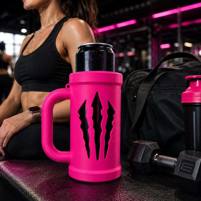 May include: A bright pink insulated beverage holder with a large side handle and a black claw mark cutout design on the front. The cylindrical holder contains a black aluminium can and is positioned next to a black gym bag and a black dumbbell.