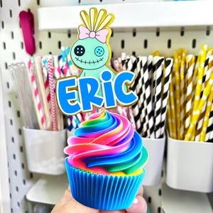 Stitch Cupcake Toppers – Set of 12 Cupcake Toppers – Personalized Name – Blue Alien Decorations