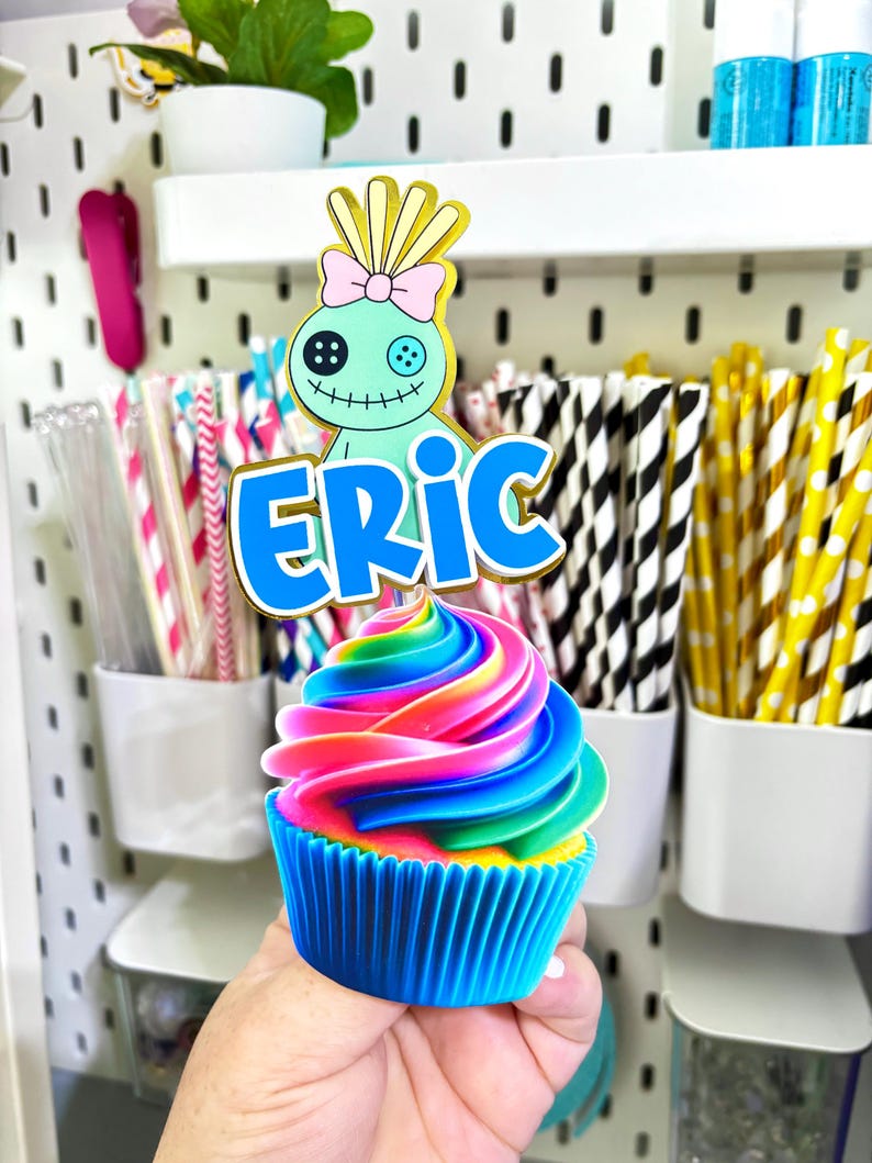 Stitch Cupcake Toppers – Set of 12 Cupcake Toppers – Personalized Name – Blue Alien Decorations